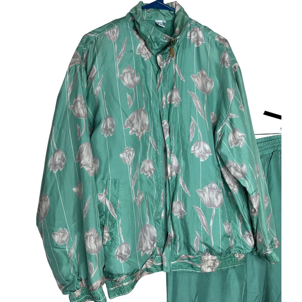 Coaco 90s VTG 100% Silk Nylon Tulip Print Tracksuit Jacket Pants Set Women's L - Picture 3 of 11